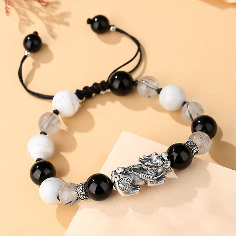 KarmaRipple's Pi Xiu Six True Words 999 Sterling Silver Black Obsidian Ivory Turquoise Chrysoberyl Fortune Bracelet p4