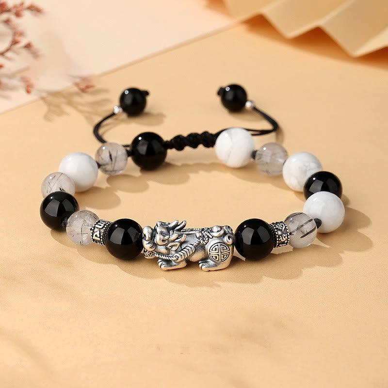 KarmaRipple's Pi Xiu Six True Words 999 Sterling Silver Black Obsidian Ivory Turquoise Chrysoberyl Fortune Bracelet p22