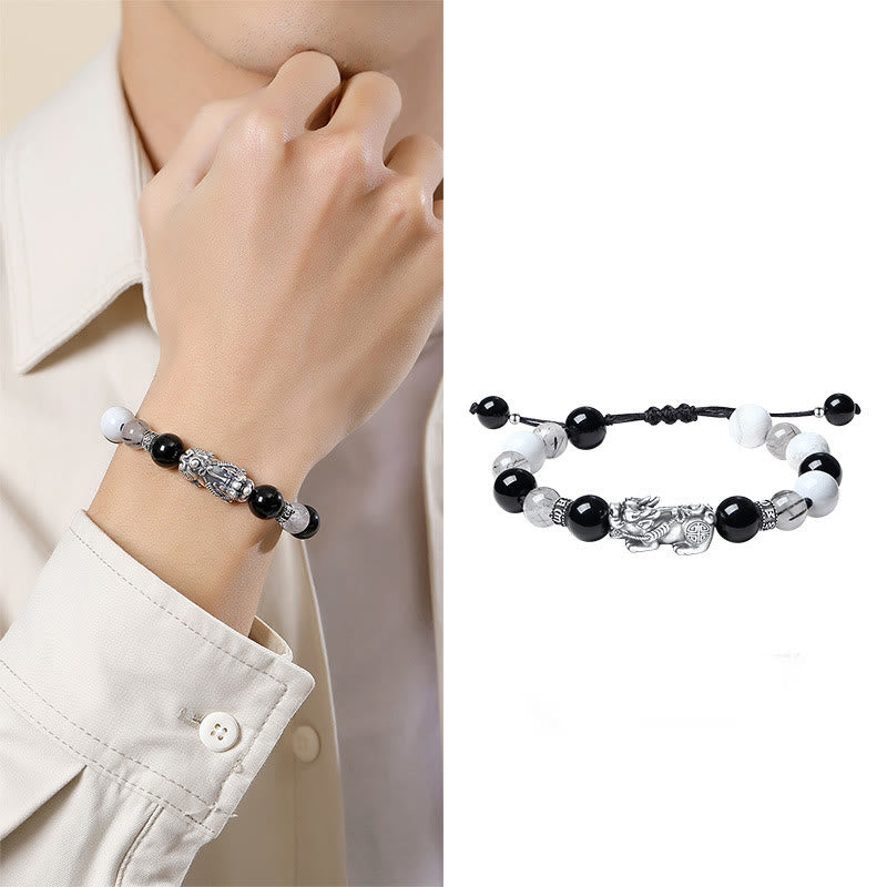 KarmaRipple's Pi Xiu Six True Words 999 Sterling Silver Black Obsidian Ivory Turquoise Chrysoberyl Fortune Bracelet p8