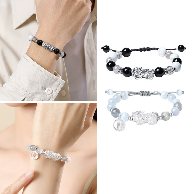 KarmaRipple's Pi Xiu Six True Words 999 Sterling Silver Black Obsidian Ivory Turquoise Chrysoberyl Fortune Bracelet p19