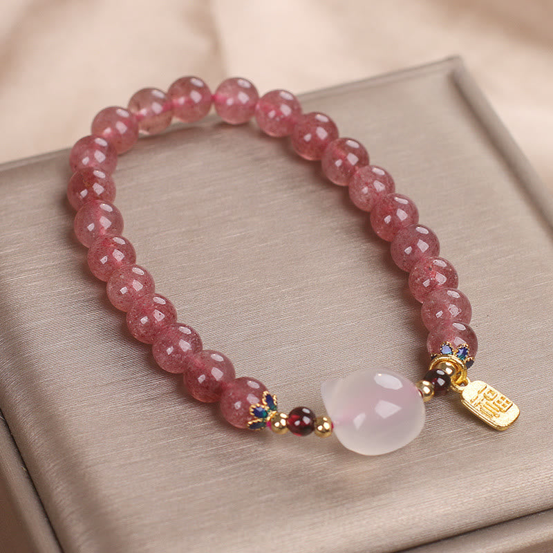 KarmaRipple's Strawberry Quartz Ivory Jade Cat Fu Character Balancing Bracelet p9