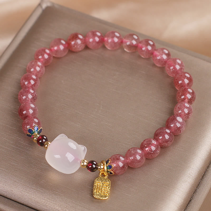 KarmaRipple's Strawberry Quartz Ivory Jade Cat Fu Character Balancing Bracelet p12