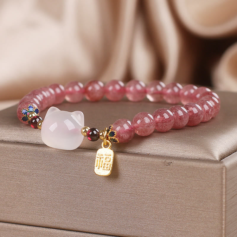 KarmaRipple's Strawberry Quartz Ivory Jade Cat Fu Character Balancing Bracelet p2