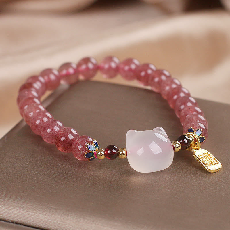 KarmaRipple's Strawberry Quartz Ivory Jade Cat Fu Character Balancing Bracelet p5