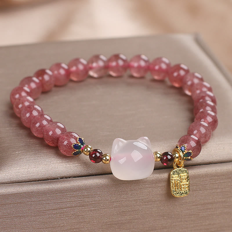 KarmaRipple's Strawberry Quartz Ivory Jade Cat Fu Character Balancing Bracelet p4