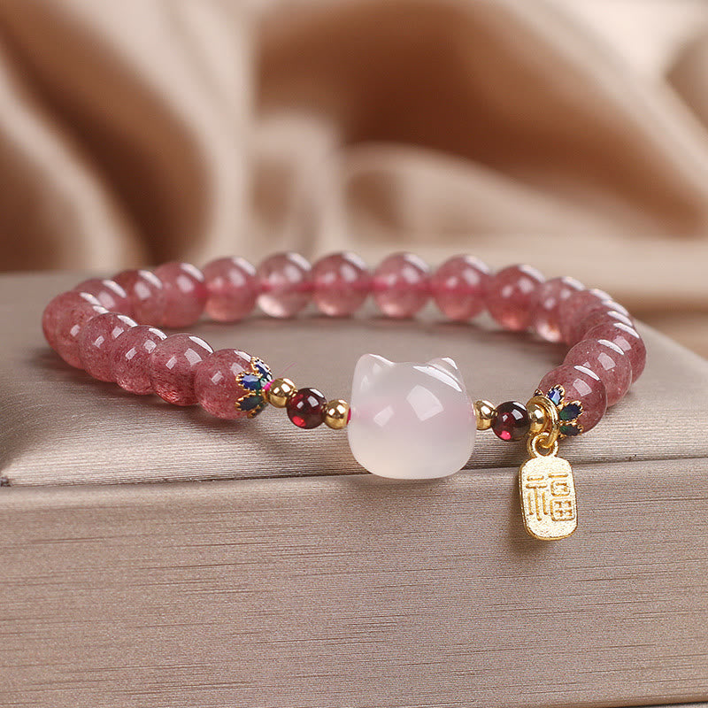KarmaRipple's Strawberry Quartz Ivory Jade Cat Fu Character Balancing Bracelet p3