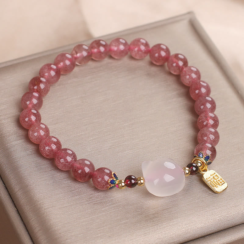 KarmaRipple's Strawberry Quartz Ivory Jade Cat Fu Character Balancing Bracelet p10
