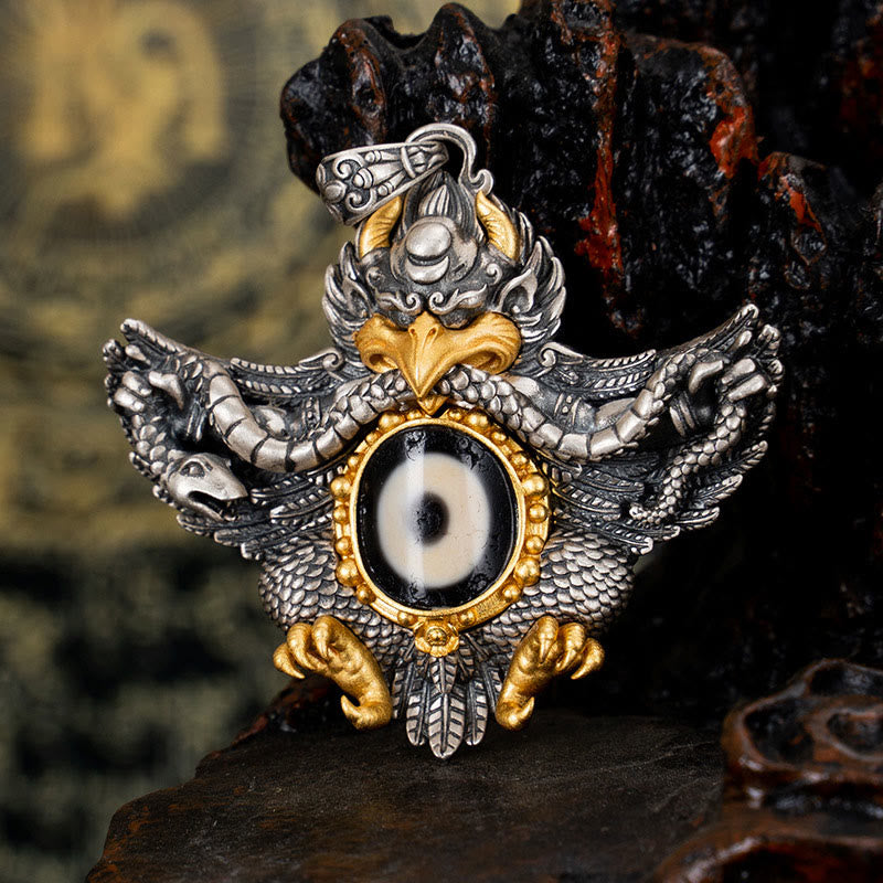 KarmaRipple's 925 Sterling Silver Tibet Garuda Bird Dzi Bead Protection Pendant Necklace p1