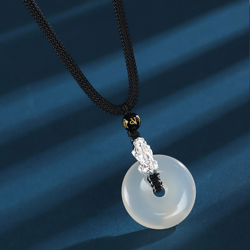 KarmaRipple's Ivory Agate 999 Sterling Silver Black Onyx Green Sandalwood Pi Xiu Peace Buckle Six True Words Pendant Necklace p1