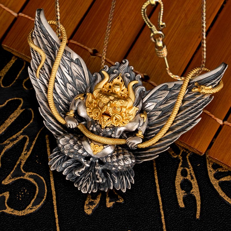 KarmaRipple's 925 Sterling Silver Tibetan Garuda Bird Dragon Snake Wisdom Pendant Necklace p26