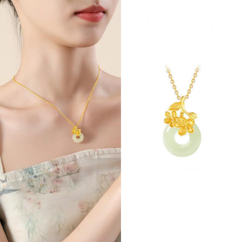 KarmaRipple's Hetian Jade 999 Sterling Silver Peace Buckle Peach Blossom Pendant Necklace p5
