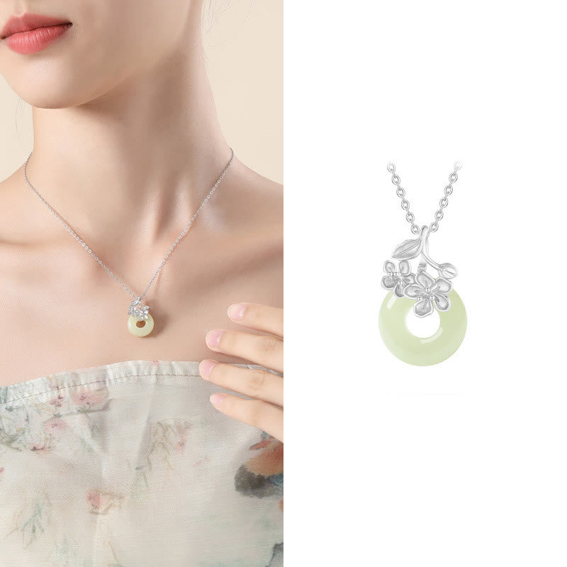 KarmaRipple's Hetian Jade 999 Sterling Silver Peace Buckle Peach Blossom Pendant Necklace p13