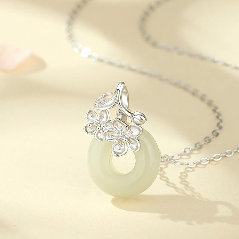KarmaRipple's Hetian Jade 999 Sterling Silver Peace Buckle Peach Blossom Pendant Necklace p10