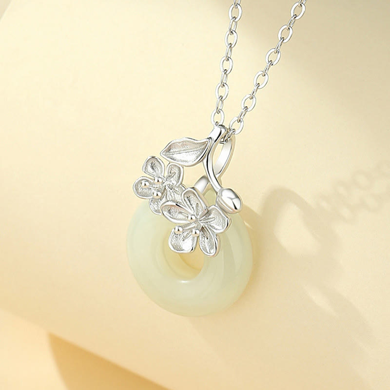KarmaRipple's Hetian Jade 999 Sterling Silver Peace Buckle Peach Blossom Pendant Necklace p2