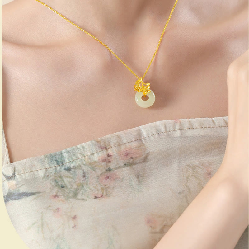 KarmaRipple's Hetian Jade 999 Sterling Silver Peace Buckle Peach Blossom Pendant Necklace p4