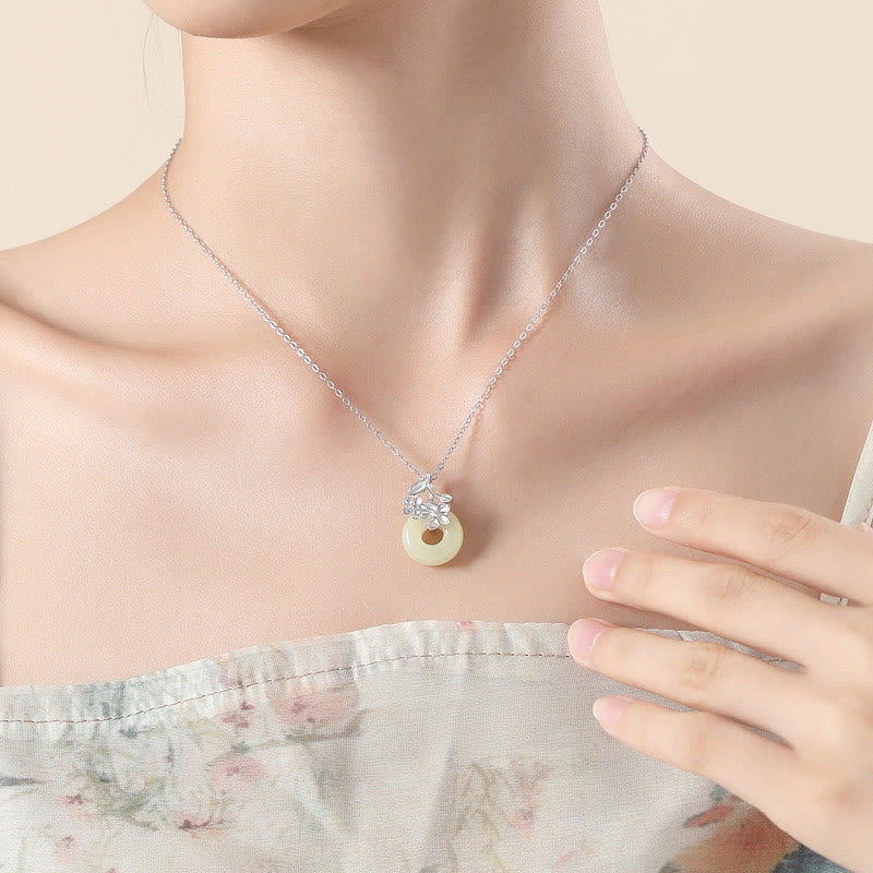 KarmaRipple's Hetian Jade 999 Sterling Silver Peace Buckle Peach Blossom Pendant Necklace p12