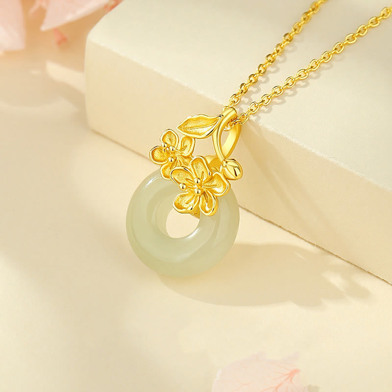 KarmaRipple's Hetian Jade 999 Sterling Silver Peace Buckle Peach Blossom Pendant Necklace p3