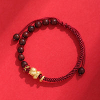 KarmaRipple's Small Leaf Red Sandalwood Ebony Wood Beadwork 999 Year Of The Snake Cotton Rope Protection Woven Bracelet