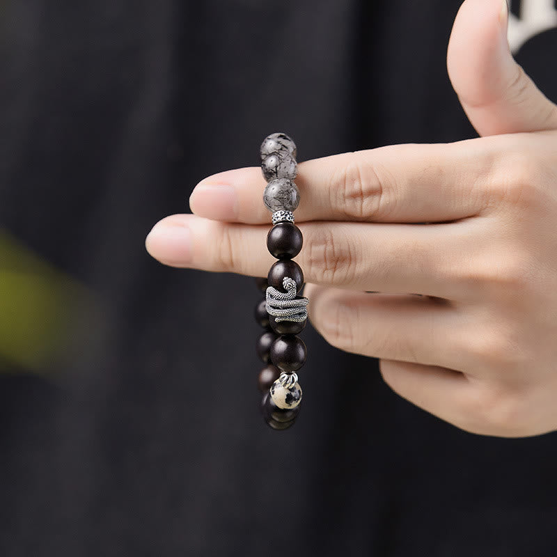 KarmaRipple's Ebony Wood Black Rutilated Quartz 925 Sterling Silver Year Of The Snake Balance Bracelet p11
