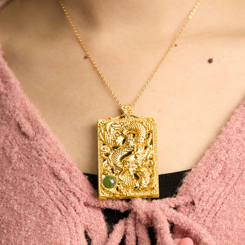 KarmaRipple's Dragon Gold Plated Bronze Hetian Jade Strength Pendant Necklace p4