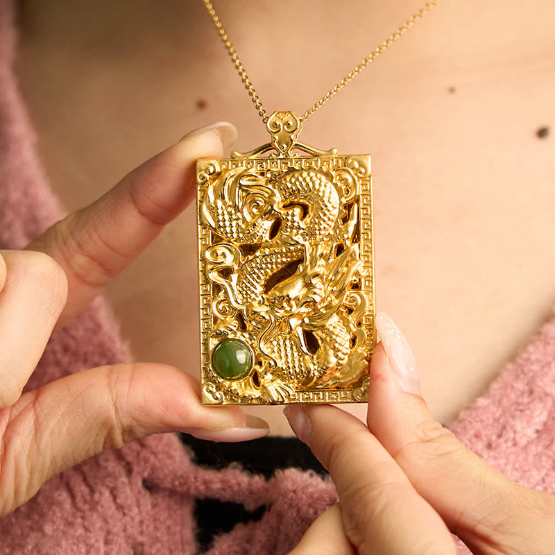 KarmaRipple's Dragon Gold Plated Bronze Hetian Jade Strength Pendant Necklace p7