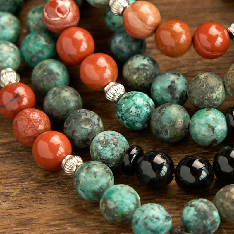 KarmaRipple's 108 Mala Authentic Black Onyx Red Jasper Turquoise Beadwork Buddha Head Tassel Protection Bracelet p6