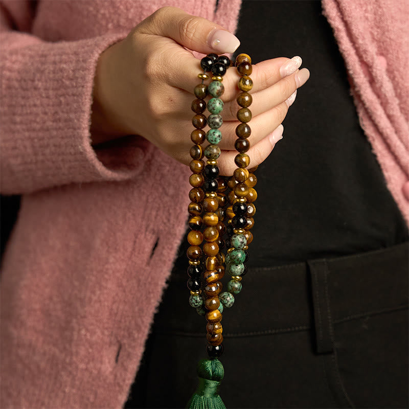 KarmaRipple's 108 Mala Authentic Stone Tiger Eye Turquoise Beadwork Tassel Protection Bracelet p4