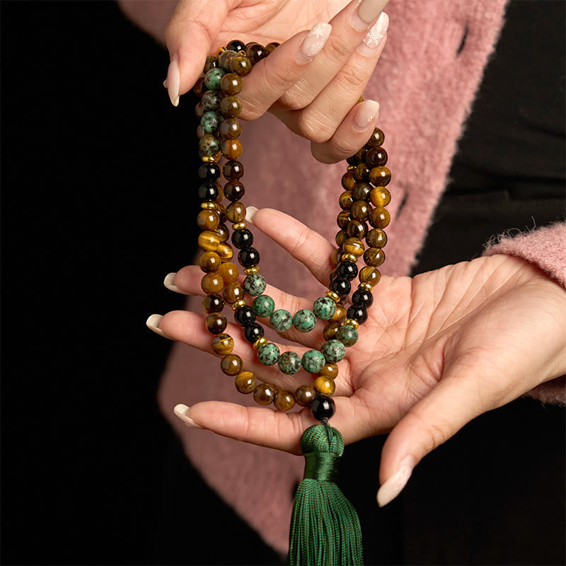 KarmaRipple's 108 Mala Authentic Stone Tiger Eye Turquoise Beadwork Tassel Protection Bracelet p3