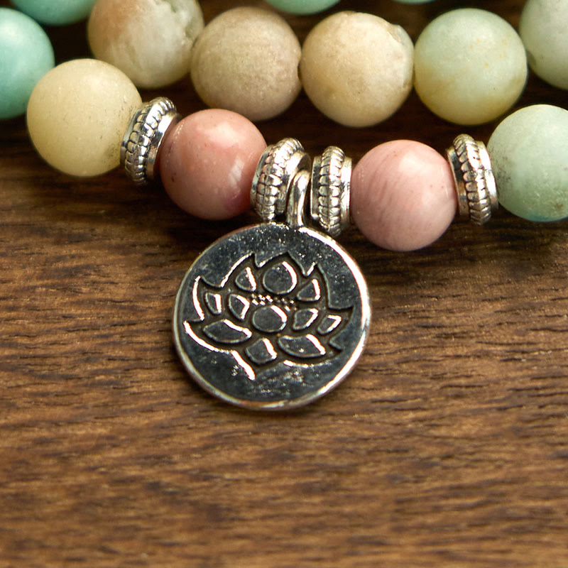 KarmaRipple's 108 Mala Rhodonite Amazonite Beadwork Lotus Compassion Bracelet p6