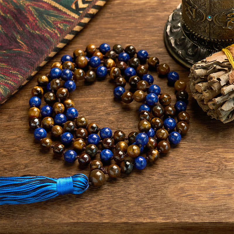 KarmaRipple's 108 Beadwork Authentic Stone Tiger Eye Lazurite Mala Tassel Protection Bracelet p1