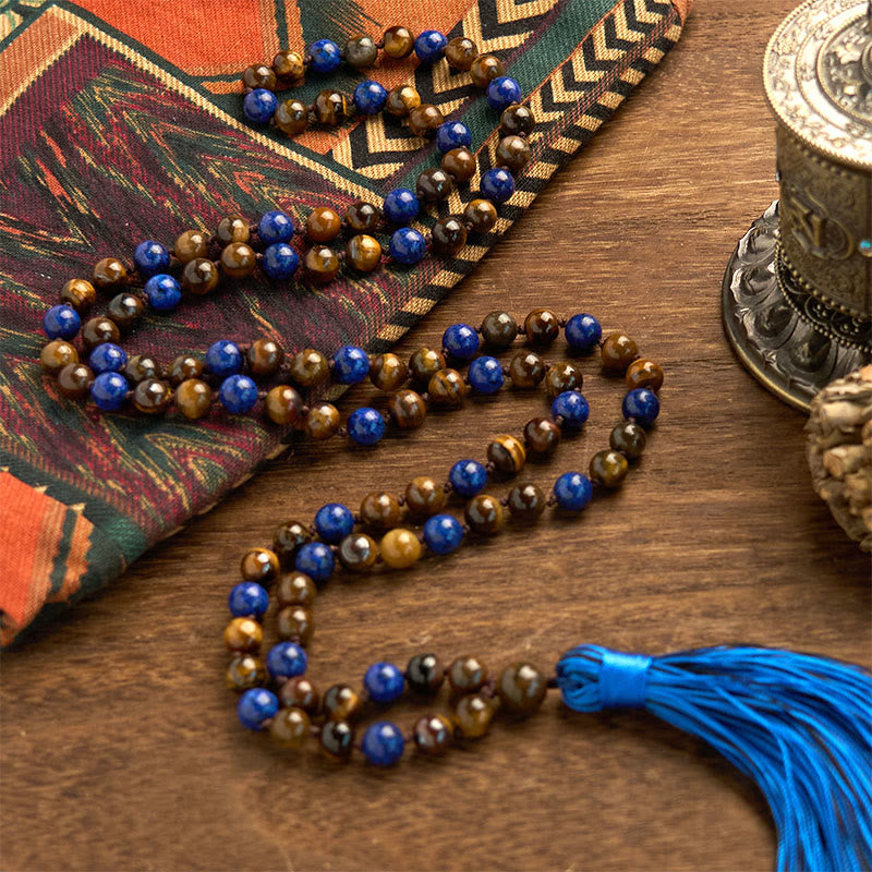 KarmaRipple's 108 Beadwork Authentic Stone Tiger Eye Lazurite Mala Tassel Protection Bracelet p3