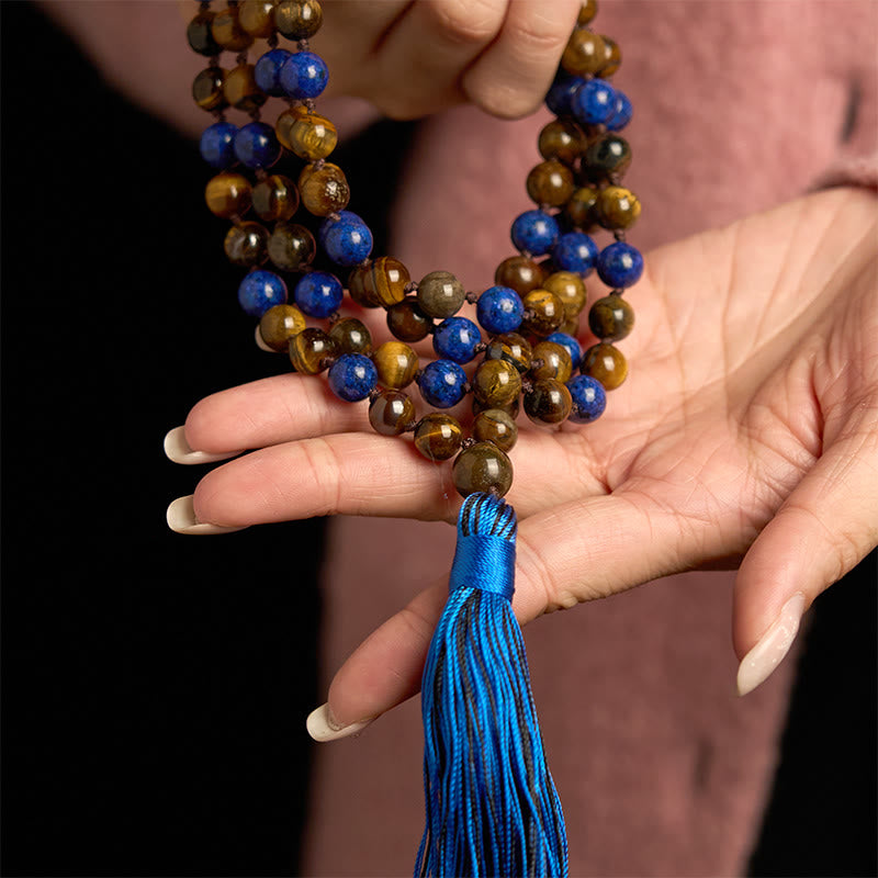 KarmaRipple's 108 Beadwork Authentic Stone Tiger Eye Lazurite Mala Tassel Protection Bracelet p5