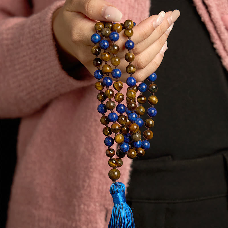 KarmaRipple's 108 Beadwork Authentic Stone Tiger Eye Lazurite Mala Tassel Protection Bracelet p4