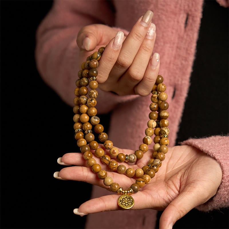 KarmaRipple's 108 Beadwork Picture Jasper Mala Lotus Courage Bracelet p3