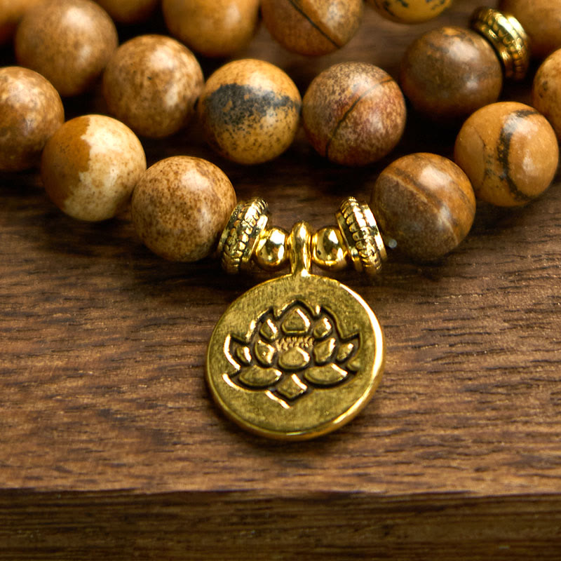 KarmaRipple's 108 Beadwork Picture Jasper Mala Lotus Courage Bracelet p7