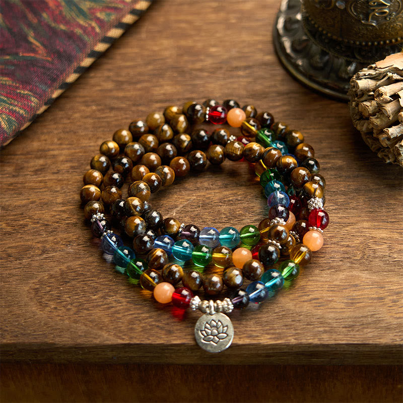KarmaRipple's 108 Mala Beadwork Authentic Stone Tiger Eye Colored Beadwork Lotus Protection Bracelet p1