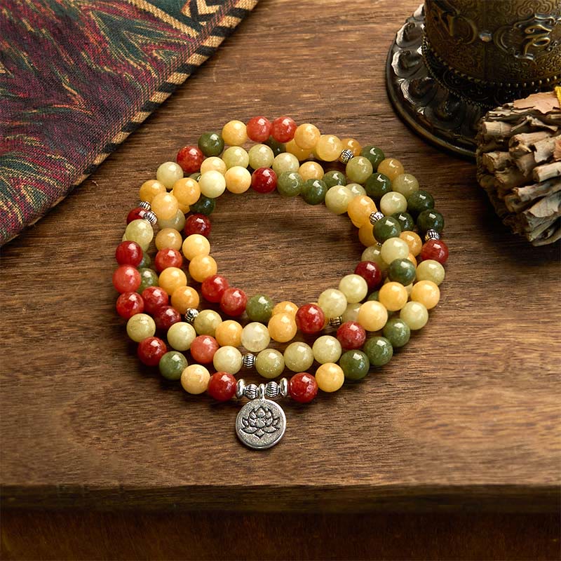 KarmaRipple's 108 Mala Beadwork Authentic Colored Stone Topaz Red Jasper Green Jasper Lotus Protection Bracelet p1