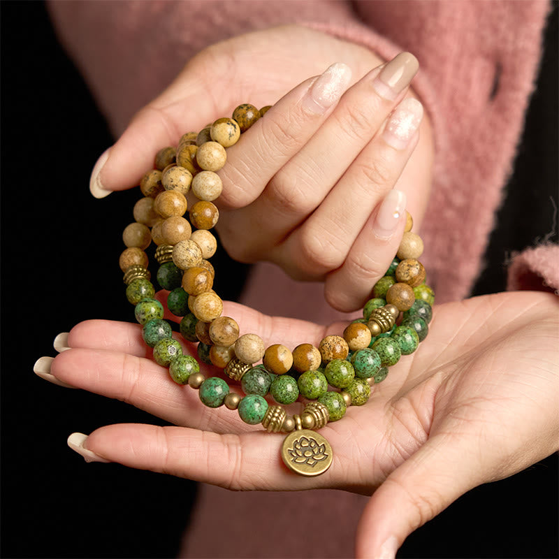 KarmaRipple's 108 Mala Beadwork Authentic Stone Picture Jasper Turquoise Lotus Positive Bracelet p5
