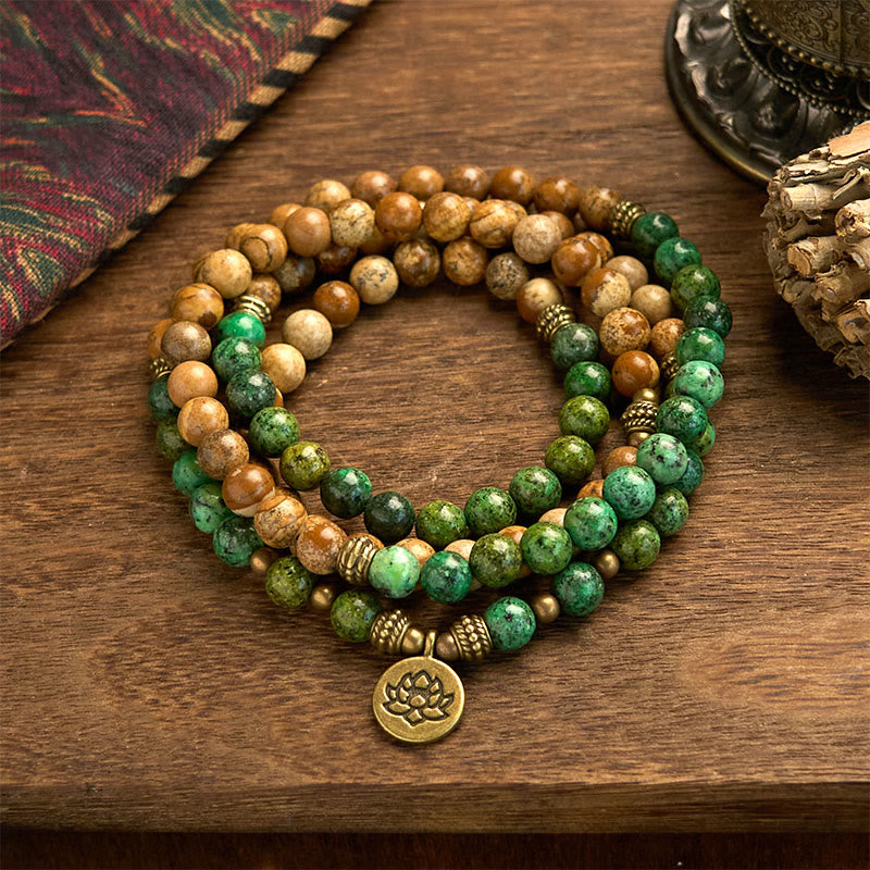 KarmaRipple's 108 Mala Beadwork Authentic Stone Picture Jasper Turquoise Lotus Positive Bracelet p1