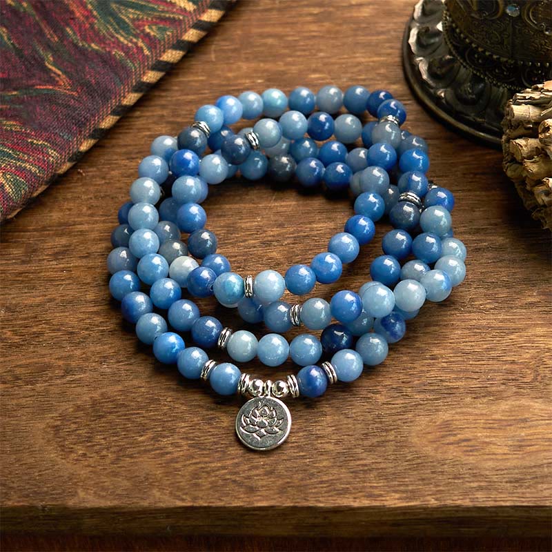 KarmaRipple's 108 Mala Beadwork Multi-layer Authentic Blue Aventurine Lotus Calm Bracelet p1
