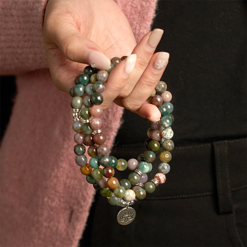 KarmaRipple's 108 Mala Beadwork Authentic Stone Indian Agate Lotus Calm Bracelet p4