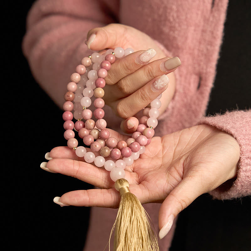 KarmaRipple's 108 Mala Beadwork Rhodonite Rose Quartz Tassel Balancing Bracelet p4