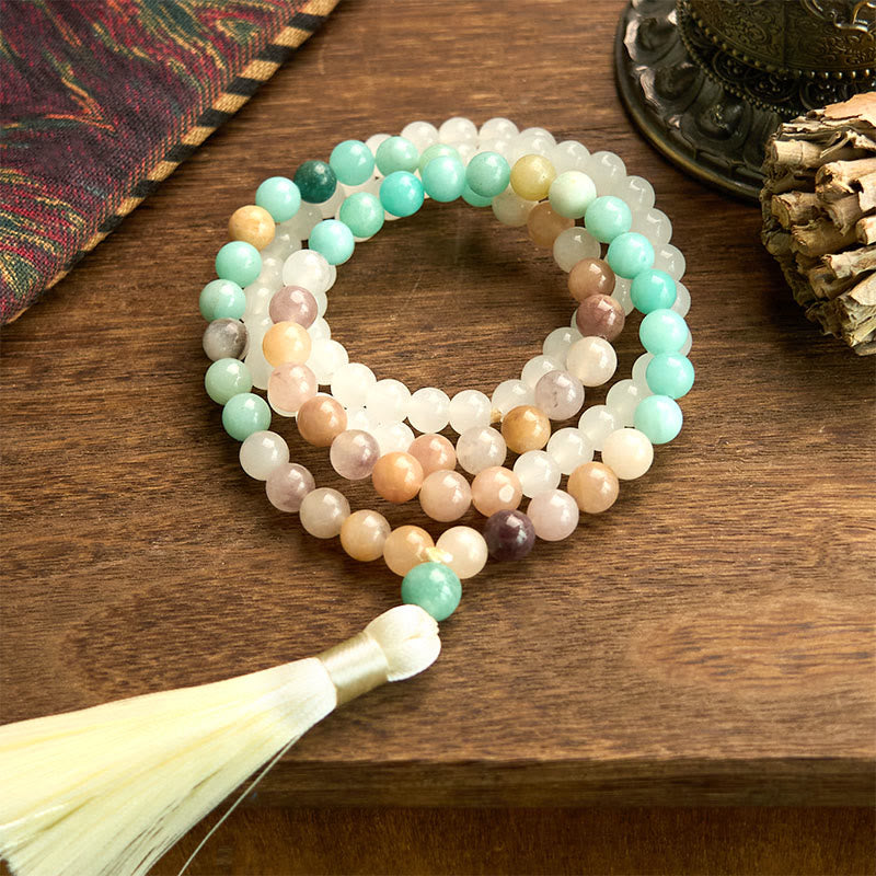KarmaRipple's 108 Mala Beadwork Authentic Ivory Jade Amazonite Ivory Tassel Balancing Bracelet p1