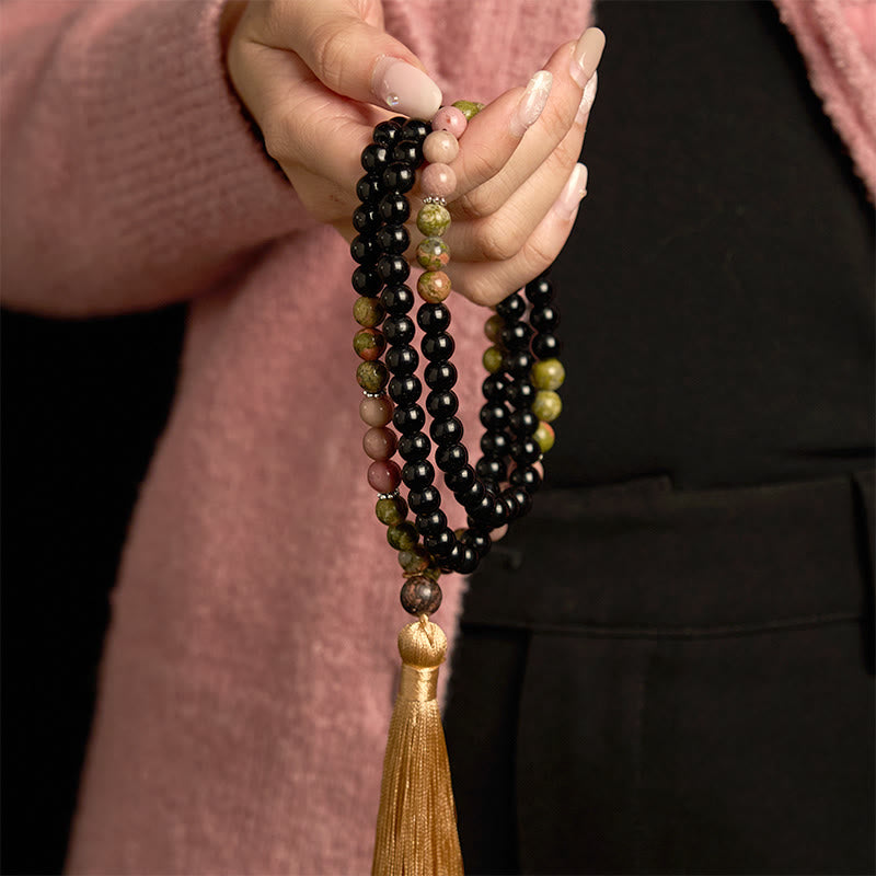 KarmaRipple's 108 Mala Beadwork Black Jasper Rhodonite Khaki Tassel Balancing Bracelet p3