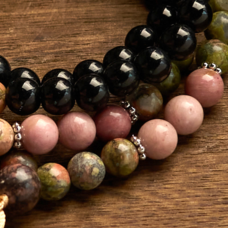 KarmaRipple's 108 Mala Beadwork Black Jasper Rhodonite Khaki Tassel Balancing Bracelet p7