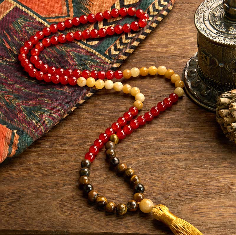 KarmaRipple's 108 Mala Beadwork Red Agate Tiger Eye Yellow Tassel Calm Bracelet p2