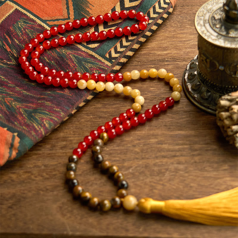KarmaRipple's 108 Mala Beadwork Red Agate Tiger Eye Yellow Tassel Calm Bracelet p5