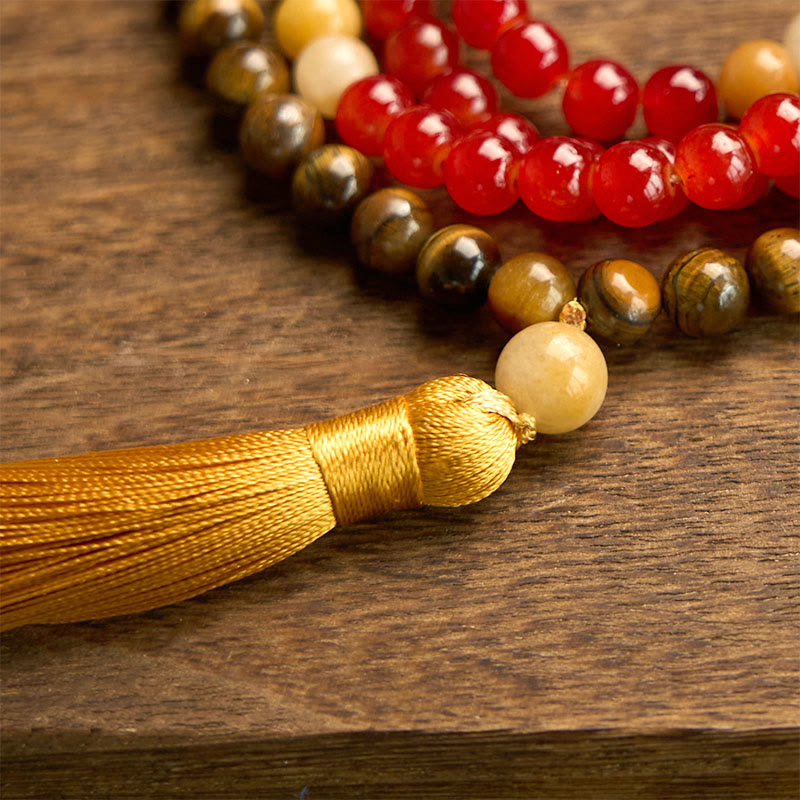 KarmaRipple's 108 Mala Beadwork Red Agate Tiger Eye Yellow Tassel Calm Bracelet p7