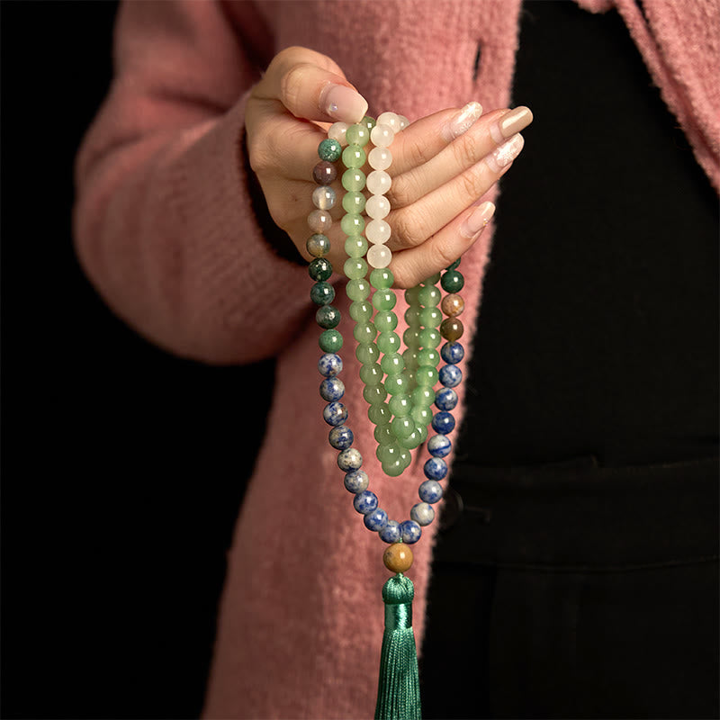 KarmaRipple's 108 Mala Beadwork Authentic Green Aventurine Blue Spot Jasper Indian Agate Green Tassel Fortune Bracelet p3