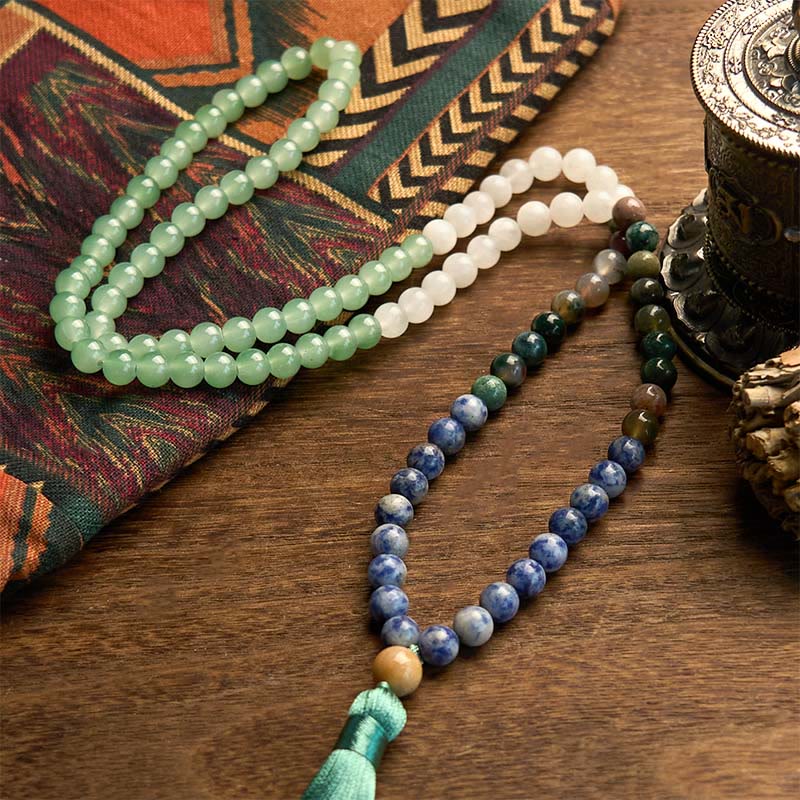 KarmaRipple's 108 Mala Beadwork Authentic Green Aventurine Blue Spot Jasper Indian Agate Green Tassel Fortune Bracelet p5